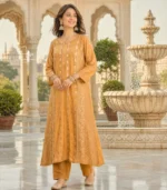 Brocade Mul Chanderi Mustard Straight Lucknowi Chikankri Kurta