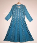 Brocade Mul Chanderi Ombré Blue Anarkali with Lucknowi Chikankari - Image 2