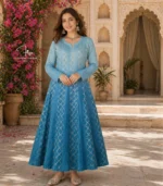 Brocade Mul Chanderi Ombré Blue Anarkali with Lucknowi Chikankari