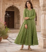 Brocade Mul Chanderi Ombré Green Anarkali with Lucknowi Chikankari