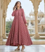 Brocade Mul Chanderi Brown Anarkali with Lucknowi Chikankari