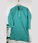 Teal Green Cotton Voile Lucknowi Chikankari Menswear Kurta - Image 2
