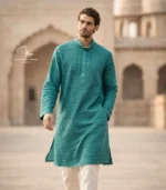 Teal Green Cotton Voile Lucknowi Chikankari Menswear Kurta