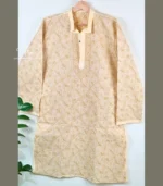 Light Yellow Lucknowi Chikankari Menswear Kurta Pajama set - Image 4