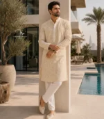 Light Yellow Lucknowi Chikankari Men's Kurta Pajama Set Cotton Voile Dubai UAE