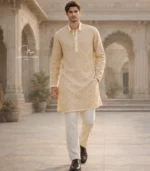 Light Yellow Lucknowi Chikankari Menswear Kurta Pajama set