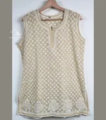 Beige Sleeveless Cotton Top with Lucknowi Chikankari - Image 2