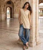Beige Sleeveless Cotton Top with Lucknowi Chikankari