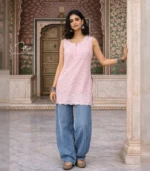 Pink Sleeveless Cotton Top with Lucknowi Chikankari
