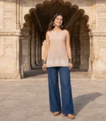 Peach Sleeveless Cotton Top with Lucknowi Chikankari
