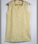 Yellow Sleeveless Cotton Top with Lucknowi Chikankari - Image 2