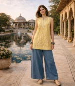 Yellow Sleeveless Cotton Top with Lucknowi Chikankari