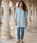 Sky Blue Cotton Top with Lucknowi Chikankari