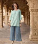 Ferozi Green Cotton Top with Lucknowi Chikankari