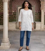 White Cotton Top with Lucknowi Chikankari