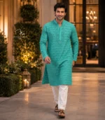 Teal Green Cotton Voile Lucknowi Chikankari Menswear Kurta