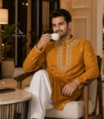 Mustard Yellow Lucknowi Chikankari Menswear Kurta