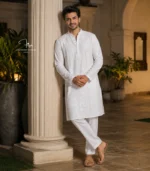 White Lucknowi Chikankari Men's Kurta Pajama in Cotton Voile Hand Embroidered Dubai UAE