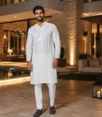 White Lucknowi Chikankari Men's Kurta Pajama in Cotton Voile Hand Embroidered Dubai UAE