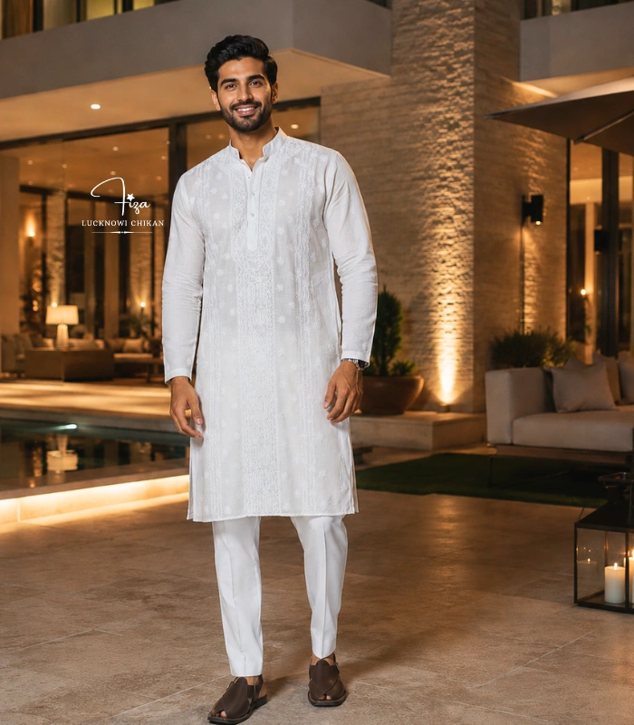 White Lucknowi Chikankari Men's Kurta Pajama in Cotton Voile Hand Embroidered Dubai UAE