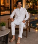 White Lucknowi Chikankari Men's Kurta Pajama in Cotton Voile Hand Embroidered Dubai UAE