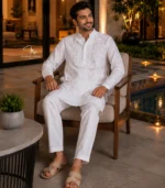White Lucknowi Chikankari Men's Kurta Pajama in Cotton Voile Hand Embroidered Dubai UAE