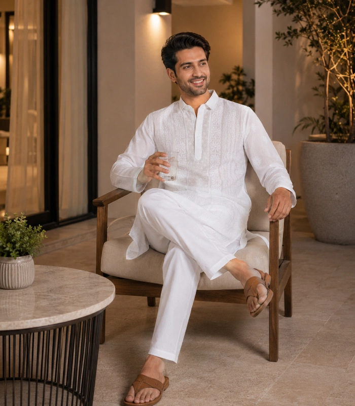 White Lucknowi Chikankari Men's Kurta Pajama in Cotton Voile Hand Embroidered Dubai UAE