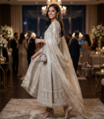 Model wearing Misty Gold Tissue Silk Chikankari suit with embroidered dupatta