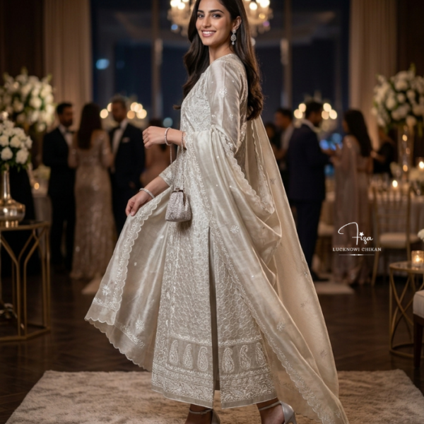 Model wearing Misty Gold Tissue Silk Chikankari suit with embroidered dupatta