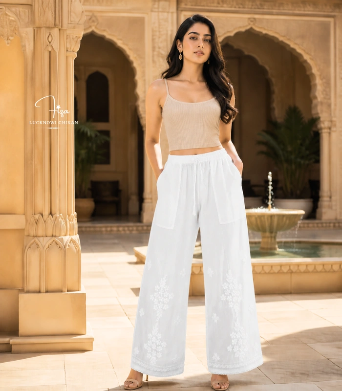 Hand Embroidered Lucknowi Chikankari Georgette Small Palazzo for Women | Fiza Chikan Hand embroidered Lucknowi Chikankari georgette palazzo for women featuring delicate floral embroidery and elegant hem detailing