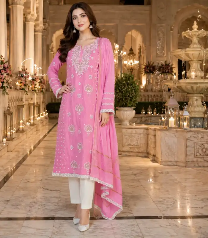 B12_672 Model Pink Lucknowi Chikankari Kurta Dupatta Pink Mul Chanderi 3 pc - Image 1
