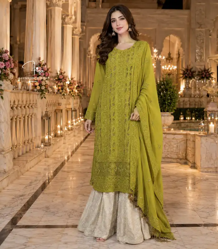 B12_712 Model Mehendi Green Lucknowi Chikankari Kurta Dupatta Sharara Mehendi Green Suit - Image 1