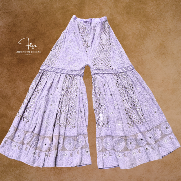 Lavender Lucknowi Chikankari bridal gharara set with hand embroidery, mirror detailing, and embroidered dupatta, available from Fiza Chikan Dubai, UAE.