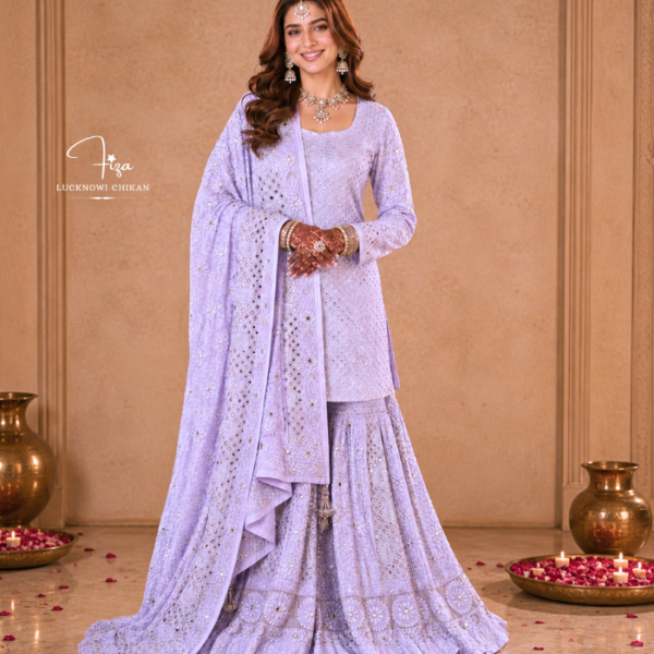 Lavender Purple Lucknowi Chikankari bridal gharara set with hand embroidery, mirror detailing, and embroidered dupatta, available from Fiza Chikan Dubai, UAE.