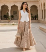 White Lucknowi Chikankari waistcoat for women with hand embroidery and tailored fit, available from Fiza Chikan Dubai, UAE.