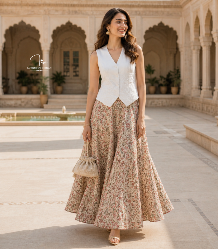 Shop White Lucknowi Chikankari Women's Waistcoat in Dubai, UAE | Hand Embroidered Layering Piece White Lucknowi Chikankari waistcoat for women with hand embroidery and tailored fit, available from Fiza Chikan Dubai, UAE.