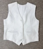 White Lucknowi Chikankari waistcoat for women with hand embroidery and tailored fit, available from Fiza Chikan Dubai, UAE.