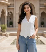 White Lucknowi Chikankari waistcoat for women with hand embroidery and tailored fit, available from Fiza Chikan Dubai, UAE.