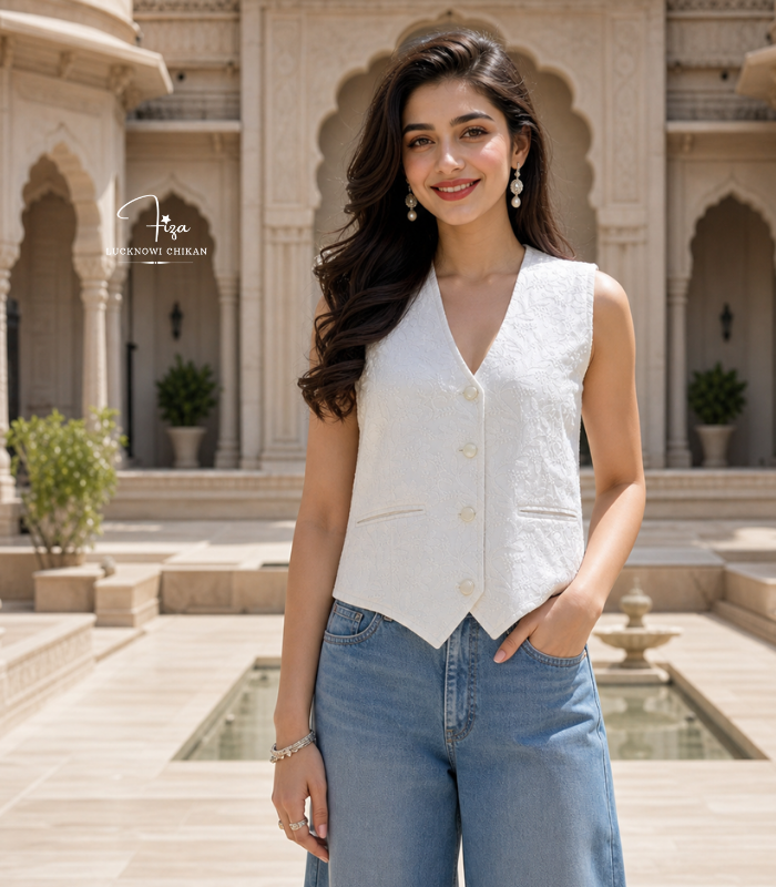 Shop White Lucknowi Chikankari Women's Waistcoat in Dubai, UAE | Hand Embroidered Layering Piece White Lucknowi Chikankari waistcoat for women with hand embroidery and tailored fit, available from Fiza Chikan Dubai, UAE.