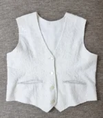 White Lucknowi Chikankari waistcoat for women with hand embroidery and tailored fit, available from Fiza Chikan Dubai, UAE.