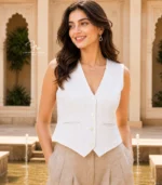 White Lucknowi Chikankari waistcoat for women with hand embroidery and tailored fit, available from Fiza Chikan Dubai, UAE.