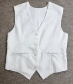 White Lucknowi Chikankari waistcoat for women with hand embroidery and tailored fit, available from Fiza Chikan Dubai, UAE.