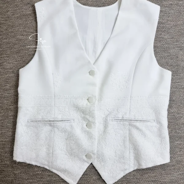 White Lucknowi Chikankari waistcoat for women with hand embroidery and tailored fit, available from Fiza Chikan Dubai, UAE.