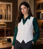 White Lucknowi Chikankari waistcoat for women with hand embroidery and tailored fit, available from Fiza Chikan Dubai, UAE.