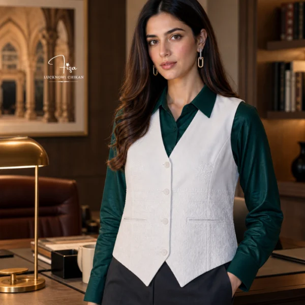 White Lucknowi Chikankari waistcoat for women with hand embroidery and tailored fit, available from Fiza Chikan Dubai, UAE.