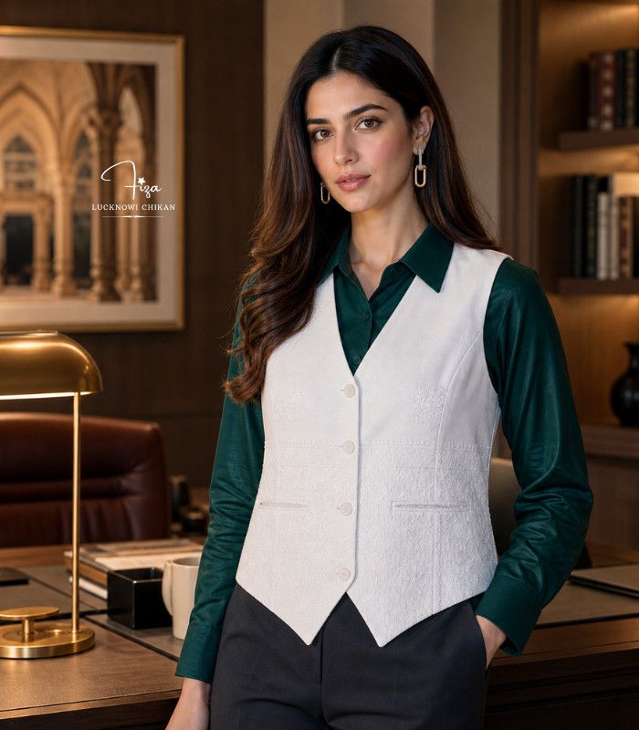 Shop White Lucknowi Chikankari Women's Waistcoat in Dubai, UAE | Hand Embroidered Layering Piece White Lucknowi Chikankari waistcoat for women with hand embroidery and tailored fit, available from Fiza Chikan Dubai, UAE.