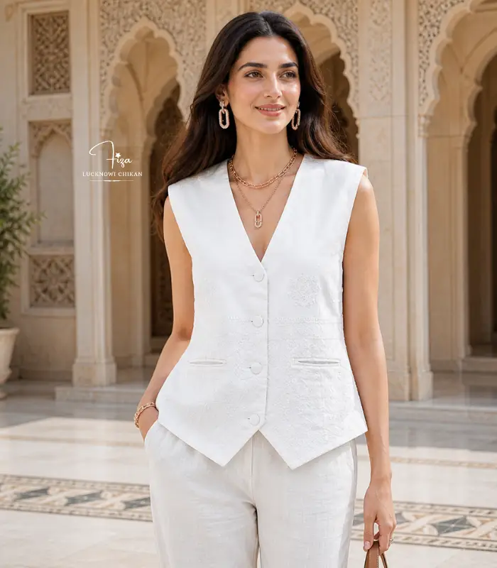 B15_912 Model White Waistcoat for women White Lucknowi Ladies’ Waistcoat - Image 1
