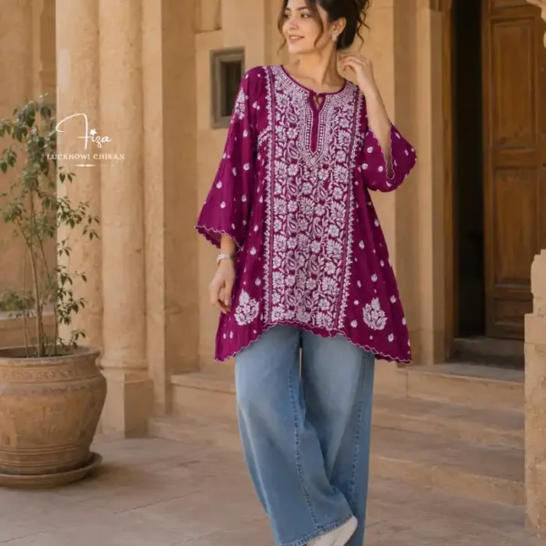 Burgundy Lucknowi Chikankari Top for Women – Hand Embroidered Casual and Festive Ethnic Wear Dubai UAE