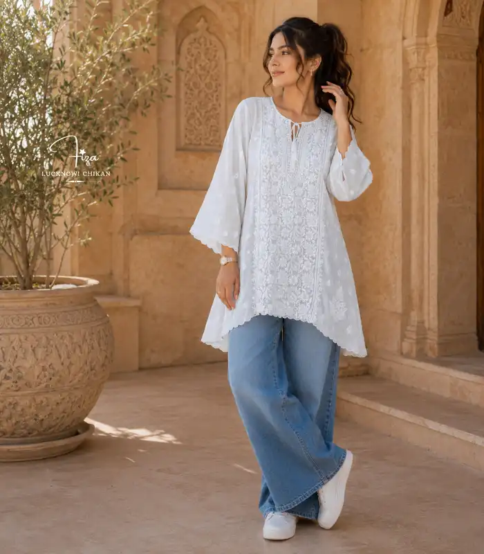 C10_864 Model White Lucknowi Top White muslin Top - Image 1