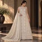 Unstitched Misty Gold Tissue Silk Chikankari Suit - Image 5